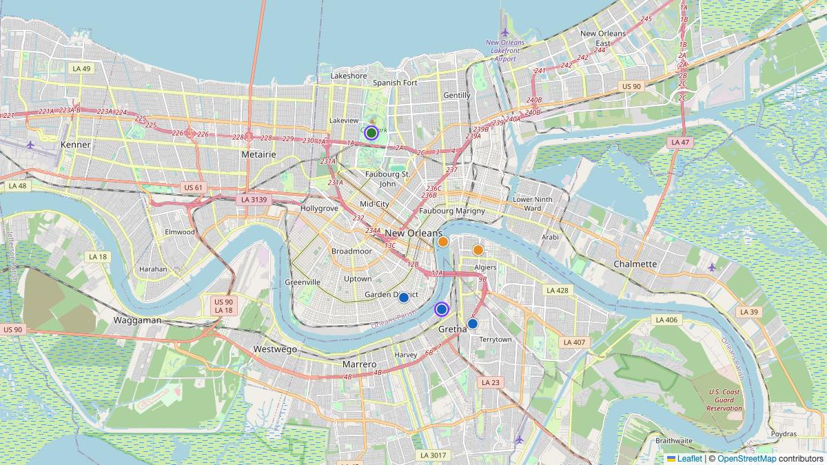 Map of the 6 Edit by Chase Travel hotels in New Orleans, United States, each pin colored by nightly price tier