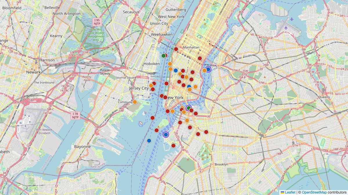 Map of the 42 Edit by Chase Travel hotels in New York, United States, each pin colored by nightly price tier