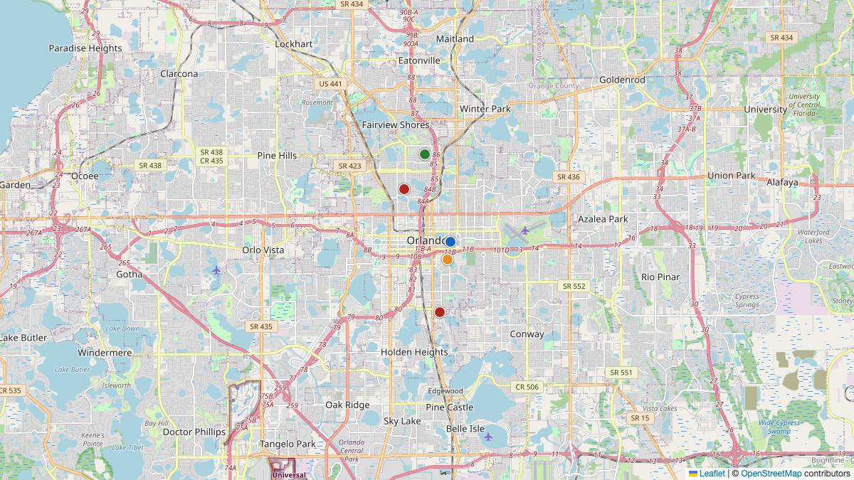 Map of the 5 Edit by Chase Travel hotels in Orlando, United States, each pin colored by nightly price tier