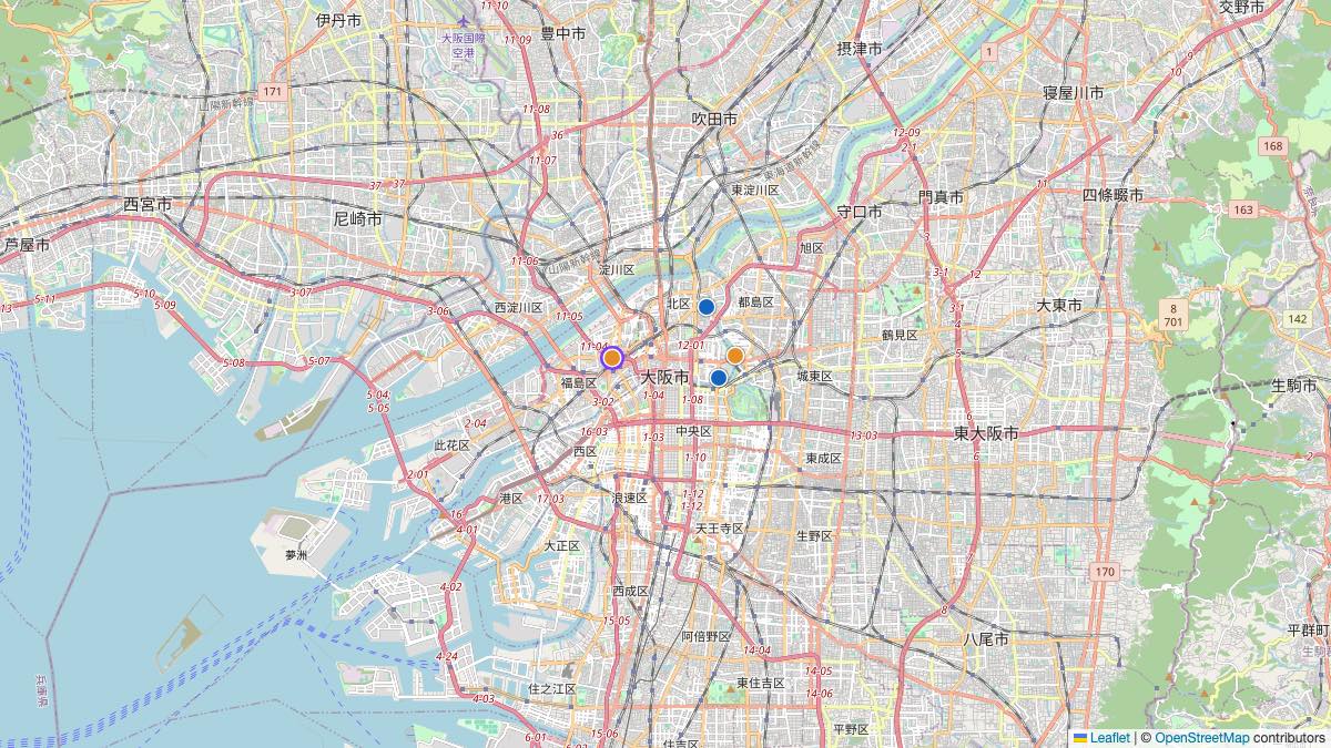 Map of the 4 Edit by Chase Travel hotels in Osaka, Japan, each pin colored by nightly price tier