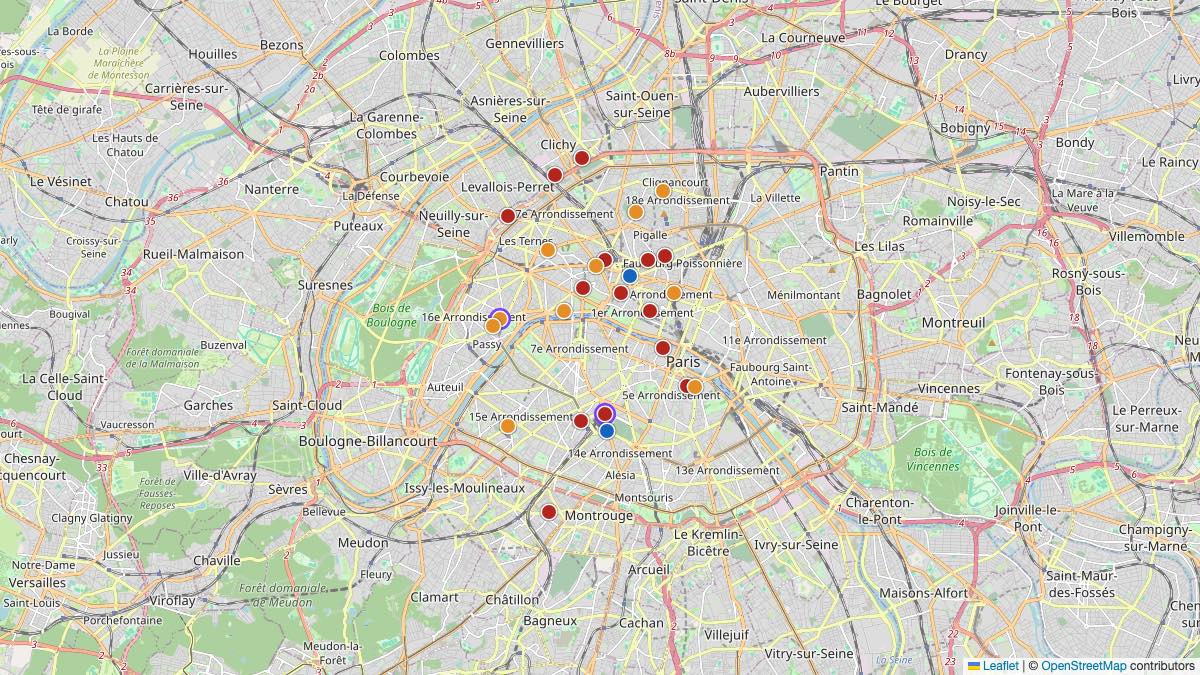 Map of the 27 Edit by Chase Travel hotels in Paris, France, each pin colored by nightly price tier