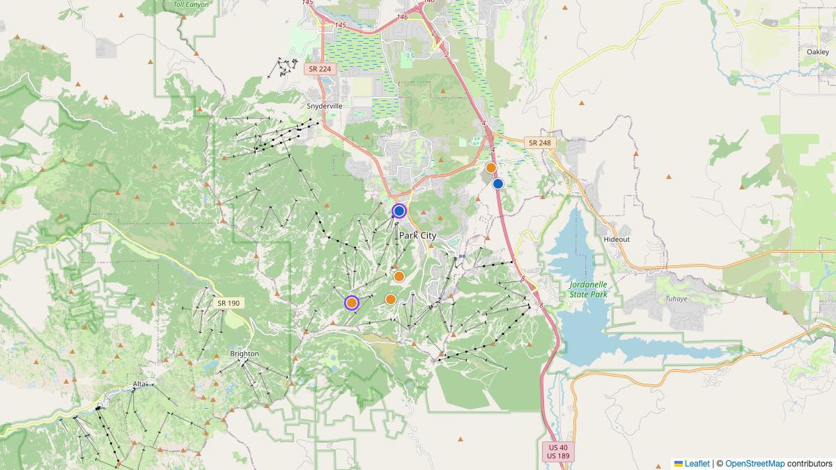 Map of the 6 Edit by Chase Travel hotels in Park City, United States, each pin colored by nightly price tier