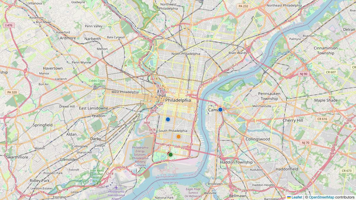 Map of the 5 Edit by Chase Travel hotels in Philadelphia, United States, each pin colored by nightly price tier