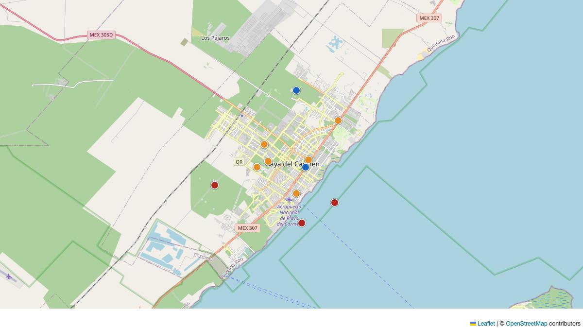 Map of the 11 Edit by Chase Travel hotels in Playa Del Carmen, Mexico, each pin colored by nightly price tier
