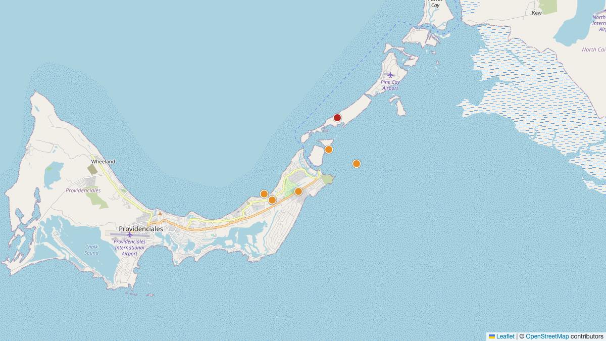 Map of the 6 Edit by Chase Travel hotels in Providenciales, Turks & Caicos Islands, each pin colored by nightly price tier