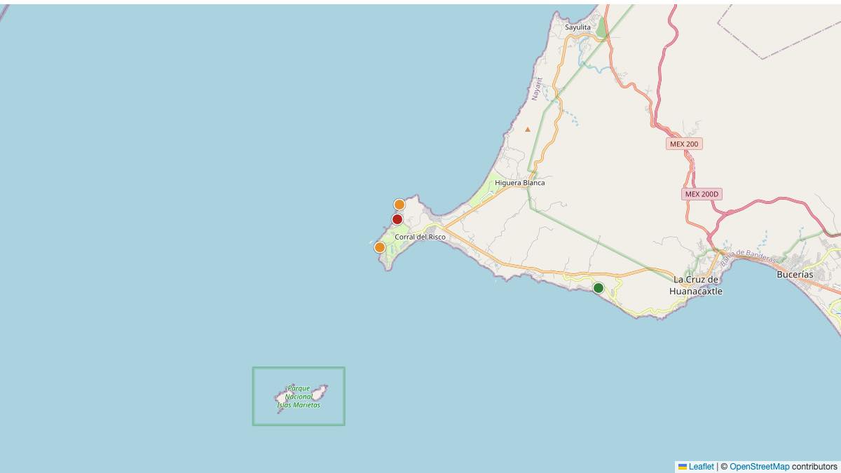 Map of the 4 Edit by Chase Travel hotels in Punta De Mita, Mexico, each pin colored by nightly price tier