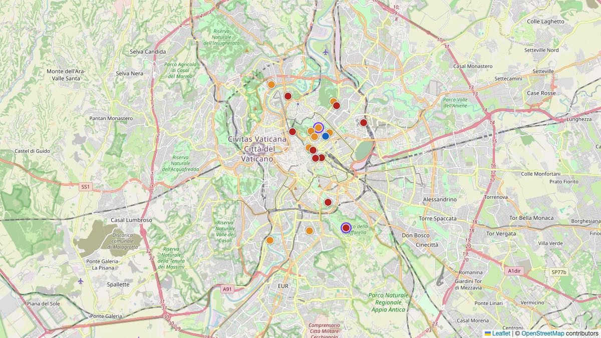 Map of the 19 Edit by Chase Travel hotels in Rome, Italy, each pin colored by nightly price tier