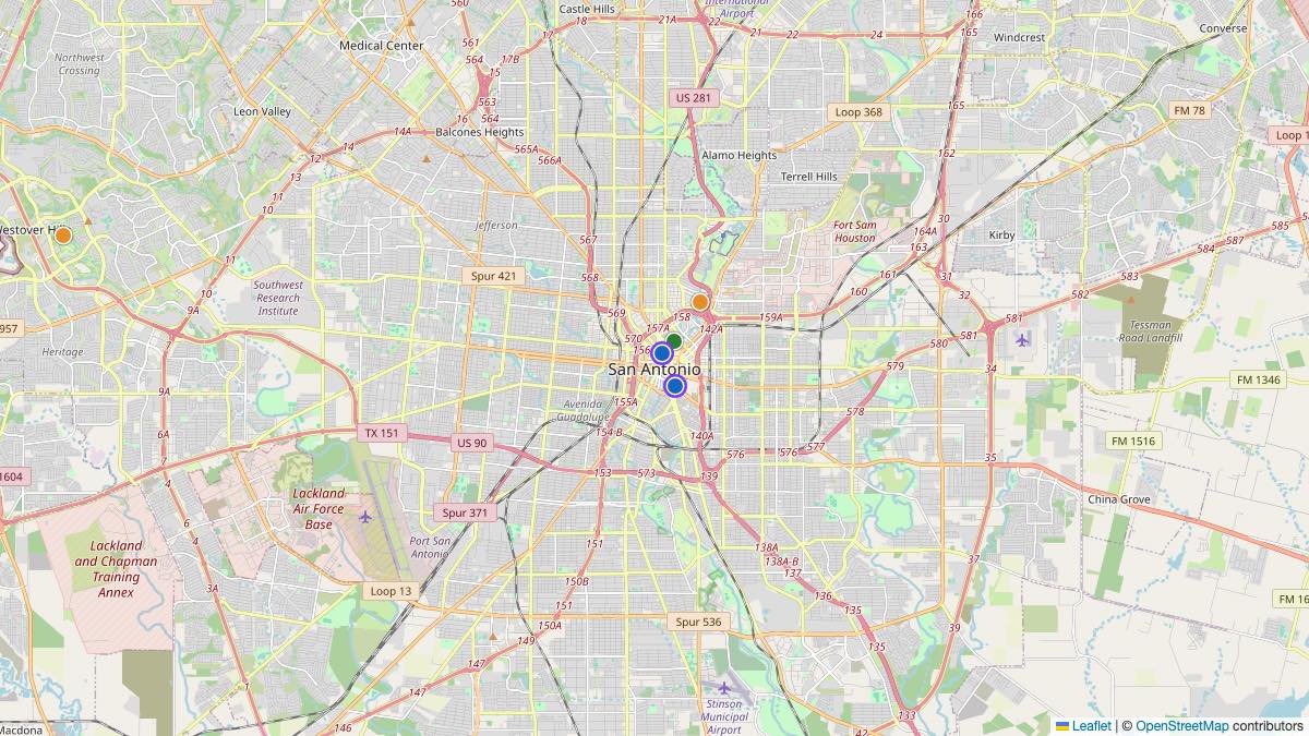 Map of the 5 Edit by Chase Travel hotels in San Antonio, United States, each pin colored by nightly price tier
