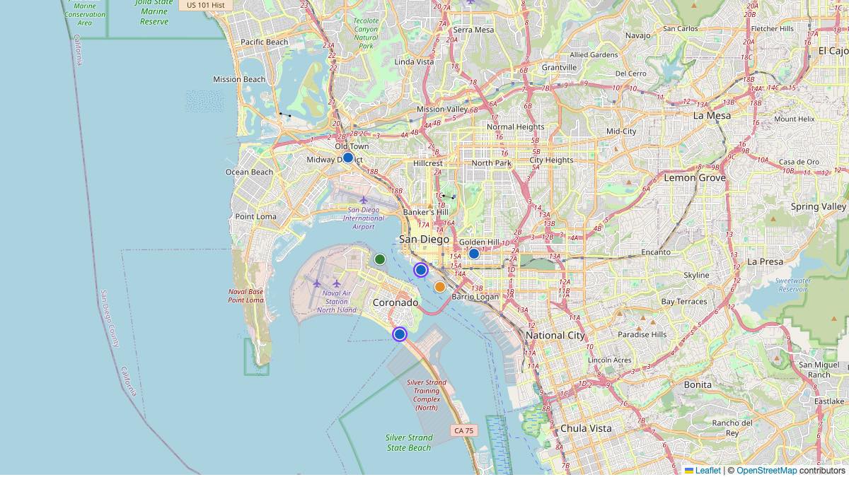 Map of the 6 Edit by Chase Travel hotels in San Diego, United States, each pin colored by nightly price tier