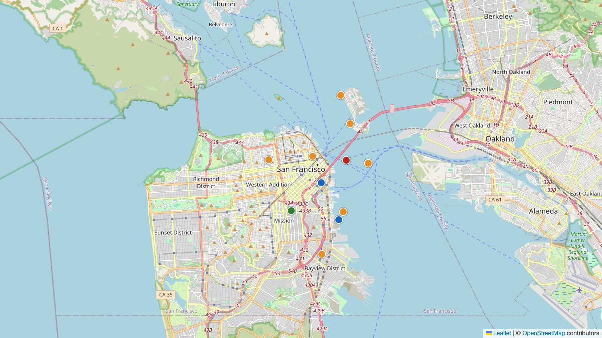 Map of the 11 Edit by Chase Travel hotels in San Francisco, United States, each pin colored by nightly price tier