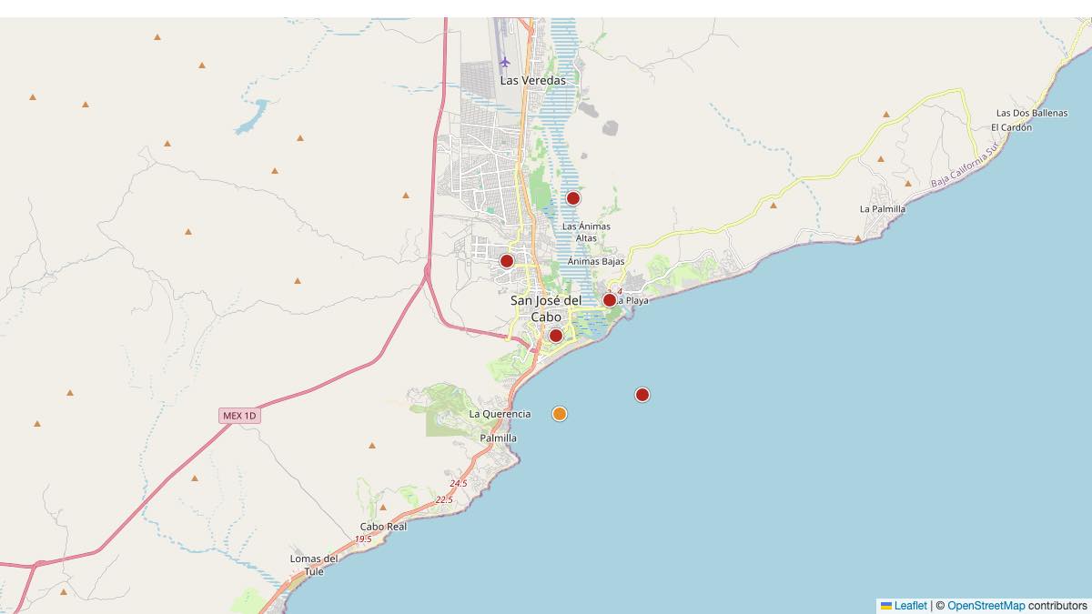 Map of the 6 Edit by Chase Travel hotels in San José Del Cabo, Mexico, each pin colored by nightly price tier