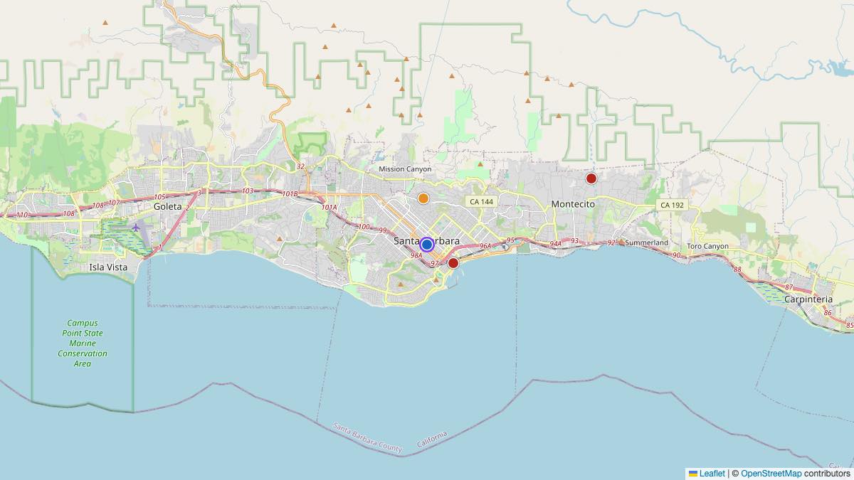Map of the 4 Edit by Chase Travel hotels in Santa Barbara, United States, each pin colored by nightly price tier
