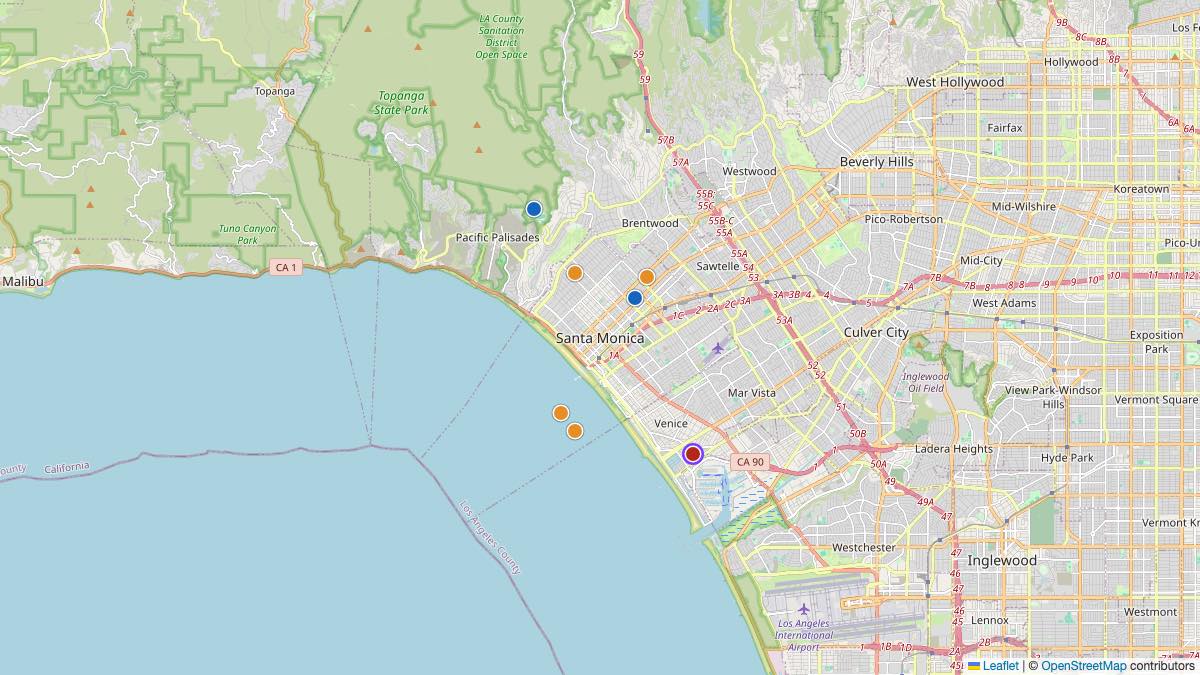 Map of the 7 Edit by Chase Travel hotels in Santa Monica, United States, each pin colored by nightly price tier