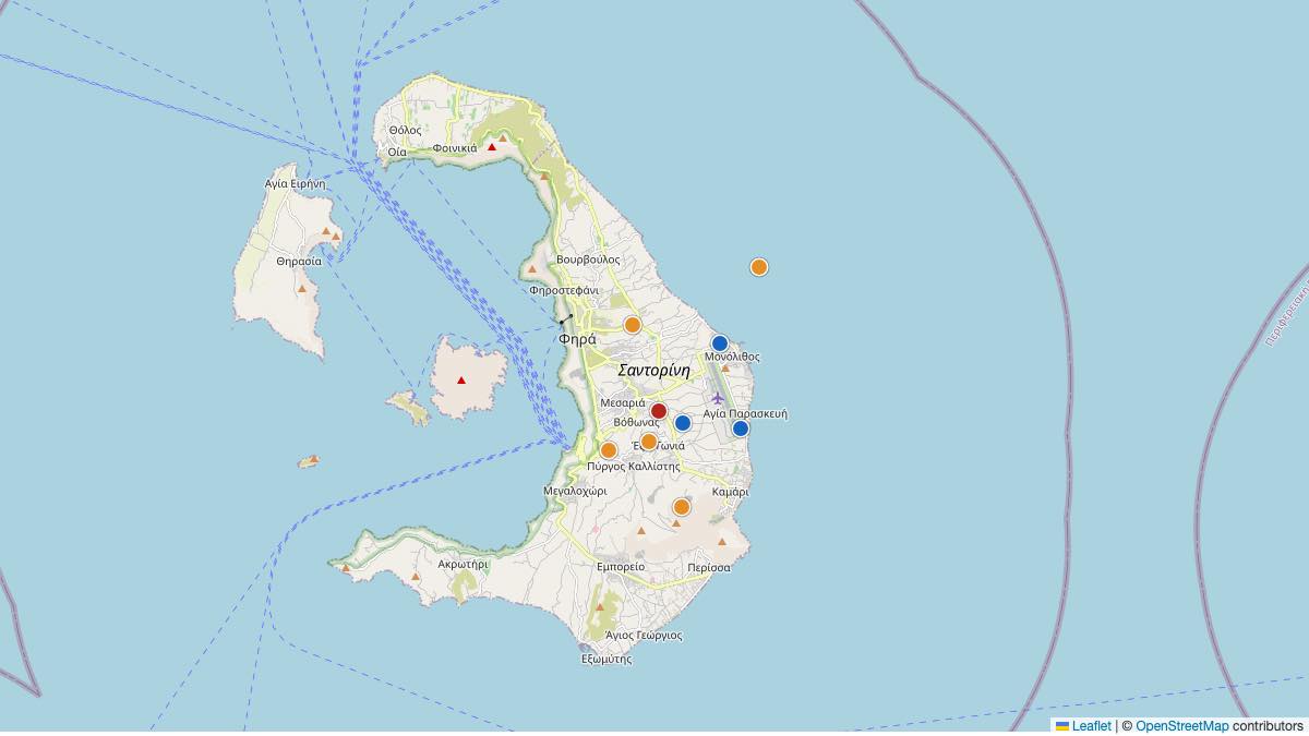 Map of the 9 Edit by Chase Travel hotels in Santorini, Greece, each pin colored by nightly price tier