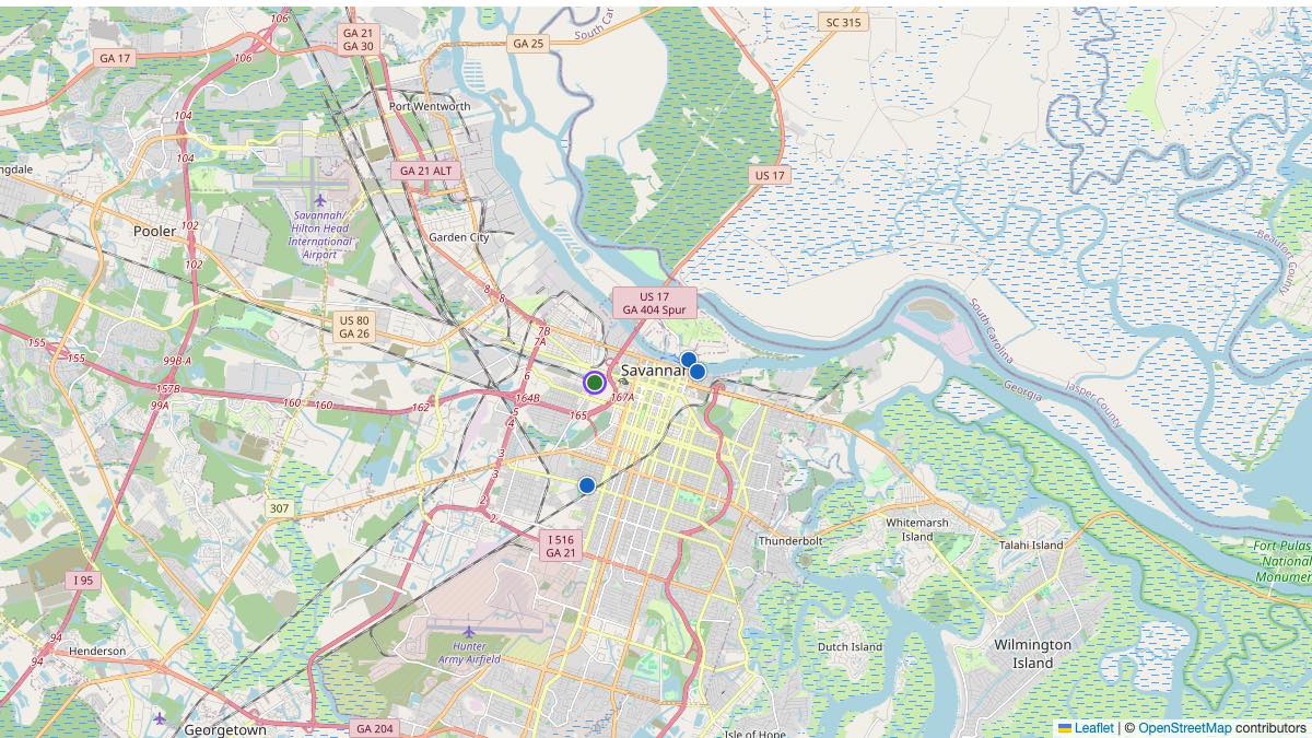 Map of the 4 Edit by Chase Travel hotels in Savannah, United States, each pin colored by nightly price tier