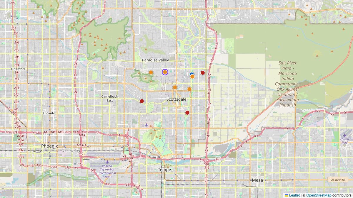 Map of the 8 Edit by Chase Travel hotels in Scottsdale, United States, each pin colored by nightly price tier