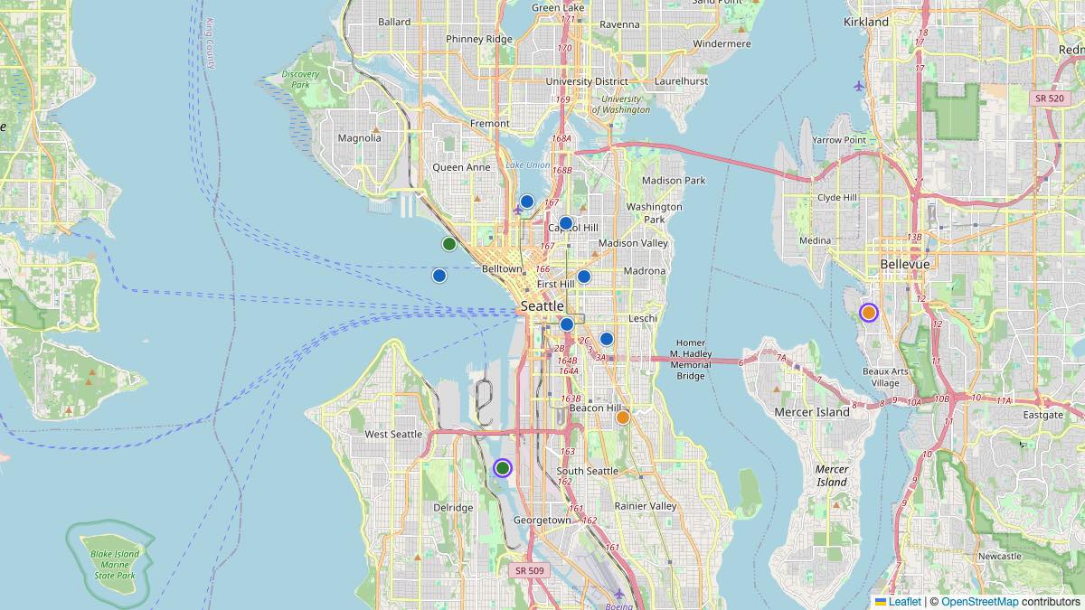 Map of the 9 Edit by Chase Travel hotels in Seattle, United States, each pin colored by nightly price tier