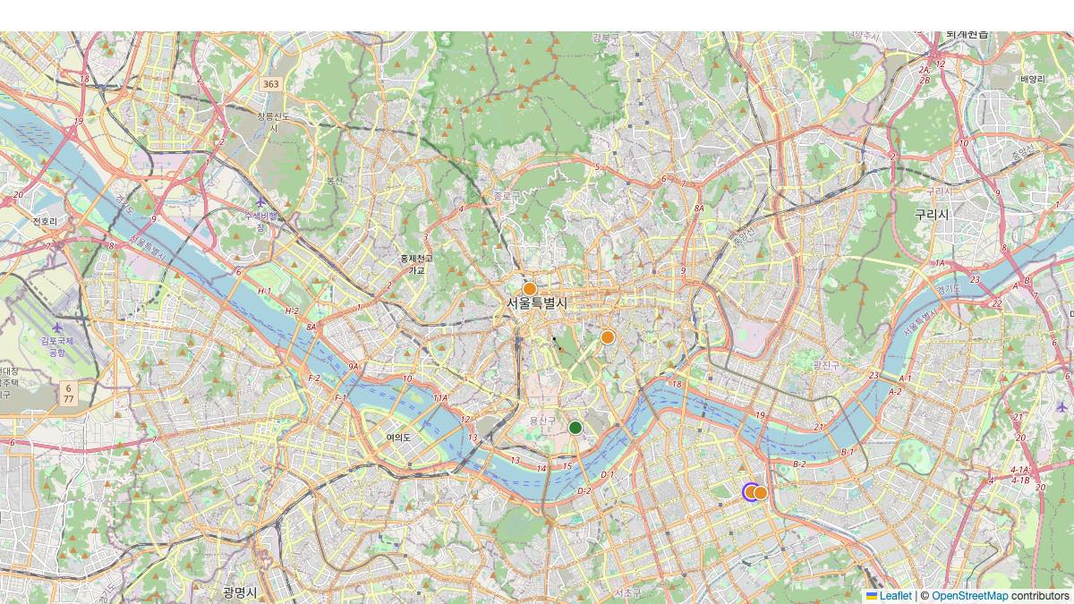 Map of the 4 Edit by Chase Travel hotels in Seoul, South Korea, each pin colored by nightly price tier