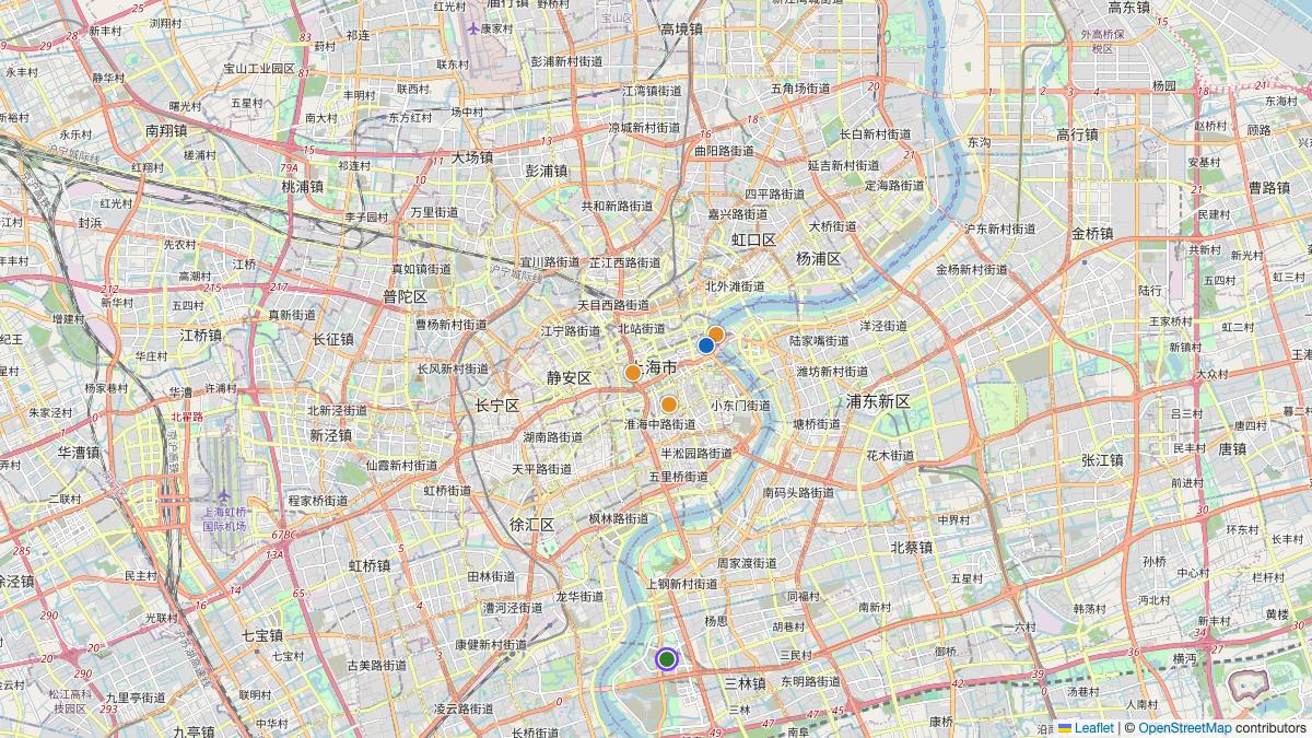 Map of the 5 Edit by Chase Travel hotels in Shanghai, China, each pin colored by nightly price tier