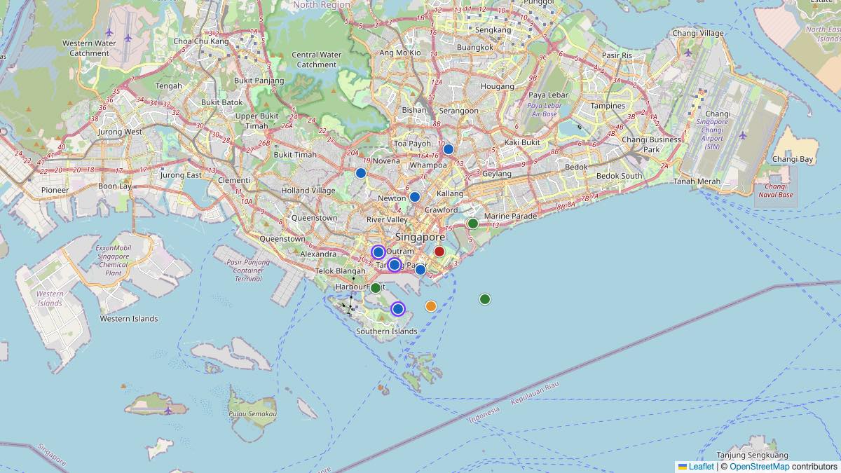 Map of the 13 Edit by Chase Travel hotels in Singapore, Singapore, each pin colored by nightly price tier