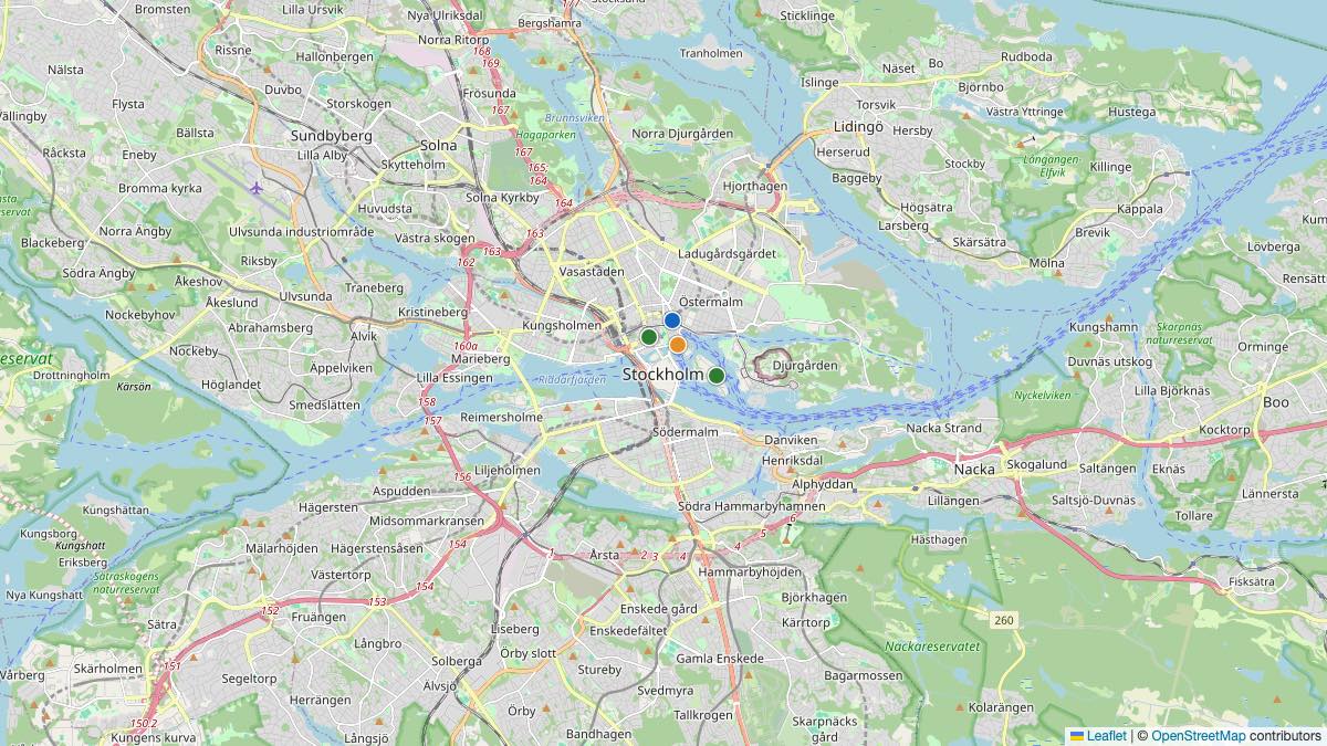 Map of the 4 Edit by Chase Travel hotels in Stockholm, Sweden, each pin colored by nightly price tier