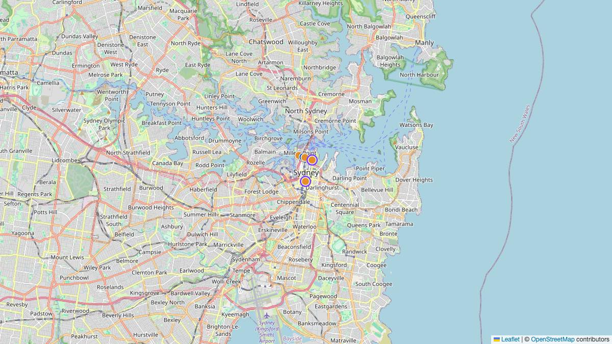 Map of the 4 Edit by Chase Travel hotels in Sydney, Australia, each pin colored by nightly price tier