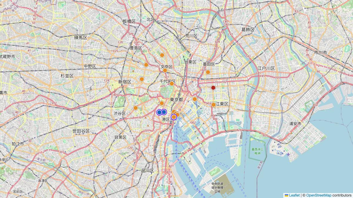 Map of the 16 Edit by Chase Travel hotels in Tokyo, Japan, each pin colored by nightly price tier