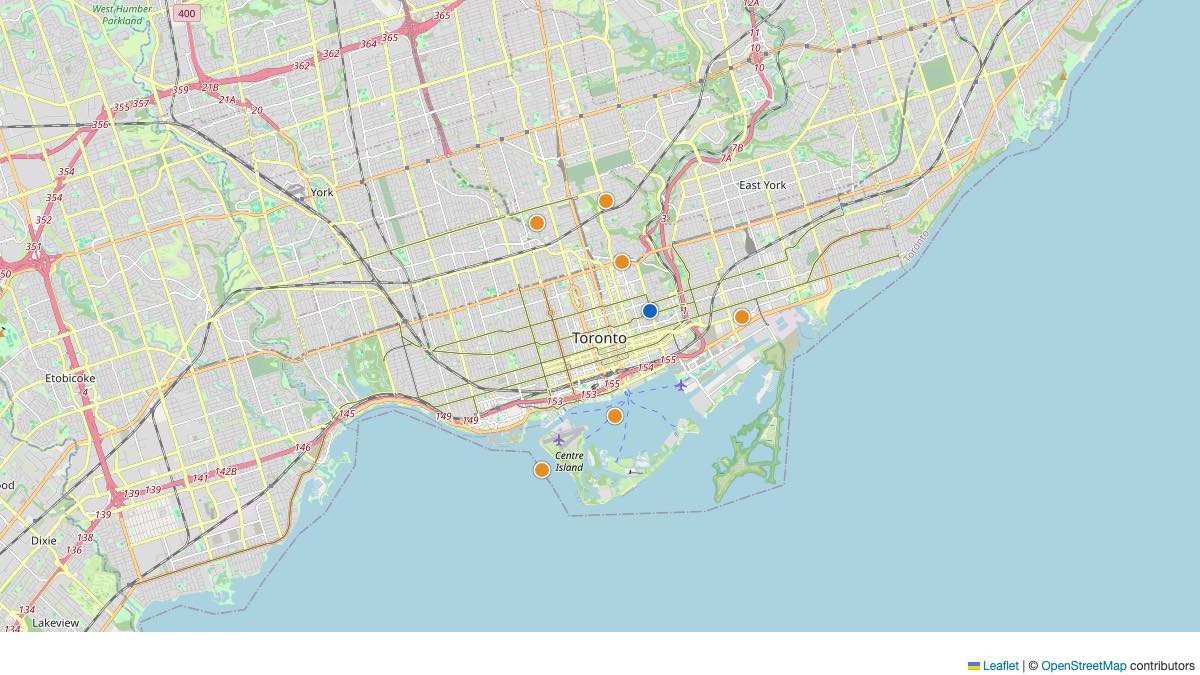 Map of the 7 Edit by Chase Travel hotels in Toronto, Canada, each pin colored by nightly price tier