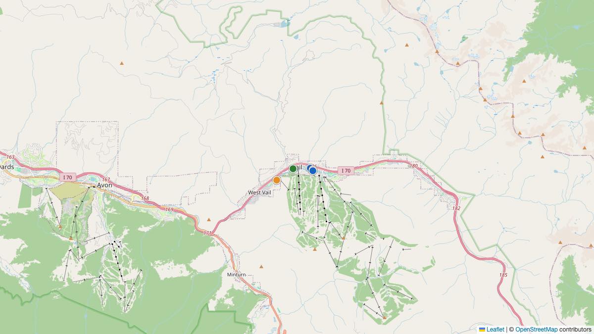 Map of the 5 Edit by Chase Travel hotels in Vail, United States, each pin colored by nightly price tier