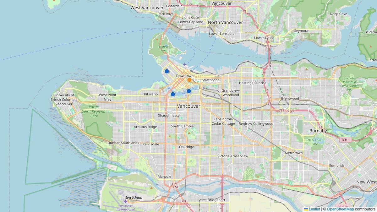 Map of the 4 Edit by Chase Travel hotels in Vancouver, Canada, each pin colored by nightly price tier