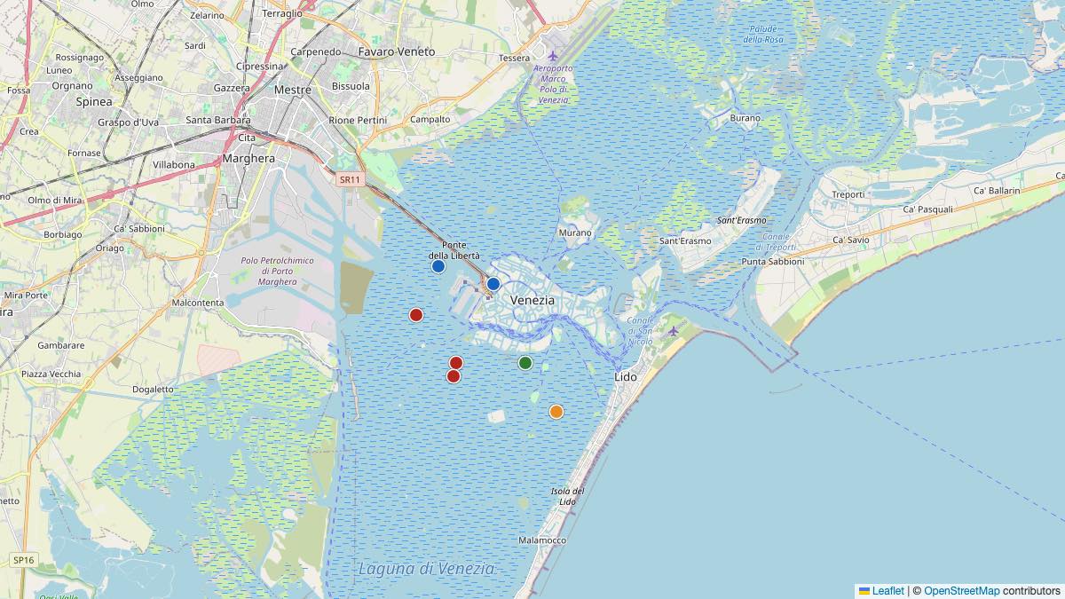 Map of the 7 Edit by Chase Travel hotels in Venice, Italy, each pin colored by nightly price tier