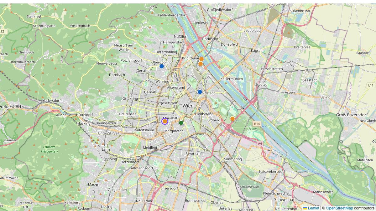 Map of the 7 Edit by Chase Travel hotels in Vienna, Austria, each pin colored by nightly price tier