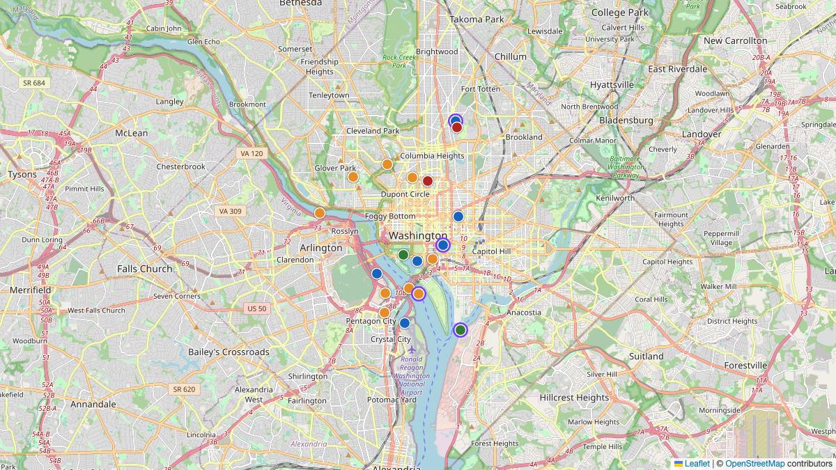 Map of the 20 Edit by Chase Travel hotels in Washington, United States, each pin colored by nightly price tier