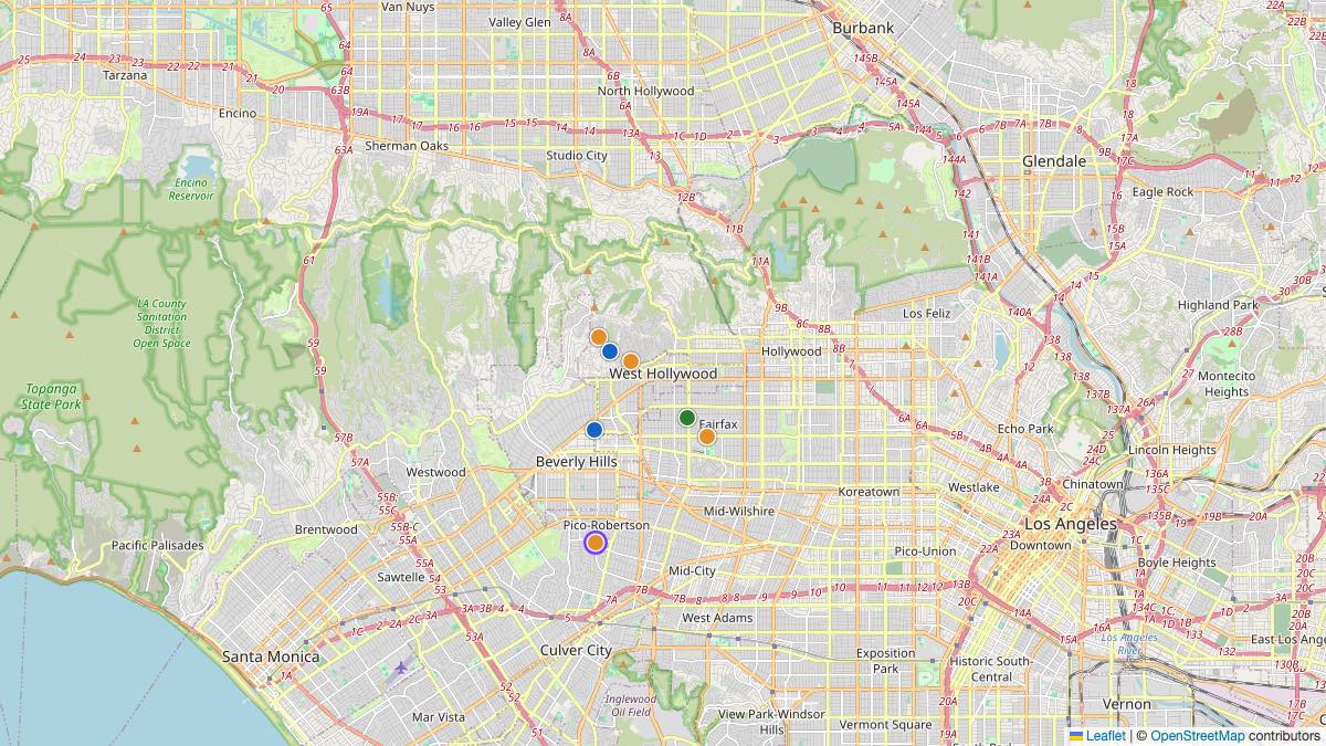 Map of the 7 Edit by Chase Travel hotels in West Hollywood, United States, each pin colored by nightly price tier