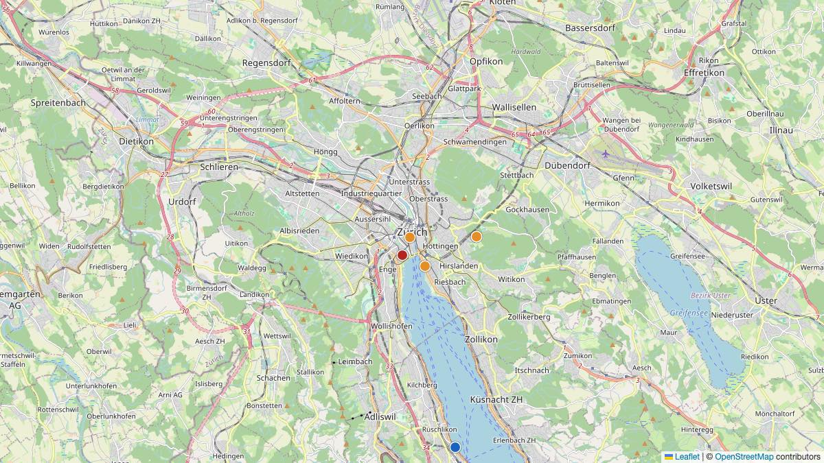 Map of the 4 Edit by Chase Travel hotels in Zürich, Switzerland, each pin colored by nightly price tier