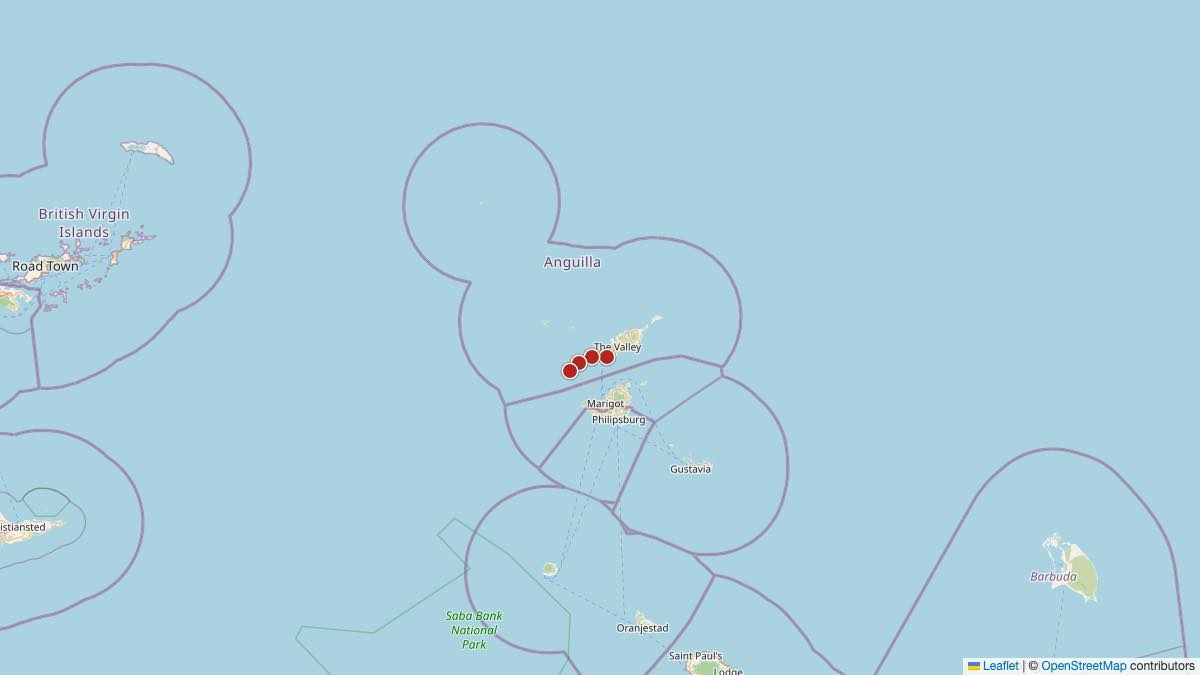 Map of the 4 Edit by Chase Travel hotels in Anguilla, each pin colored by nightly price tier