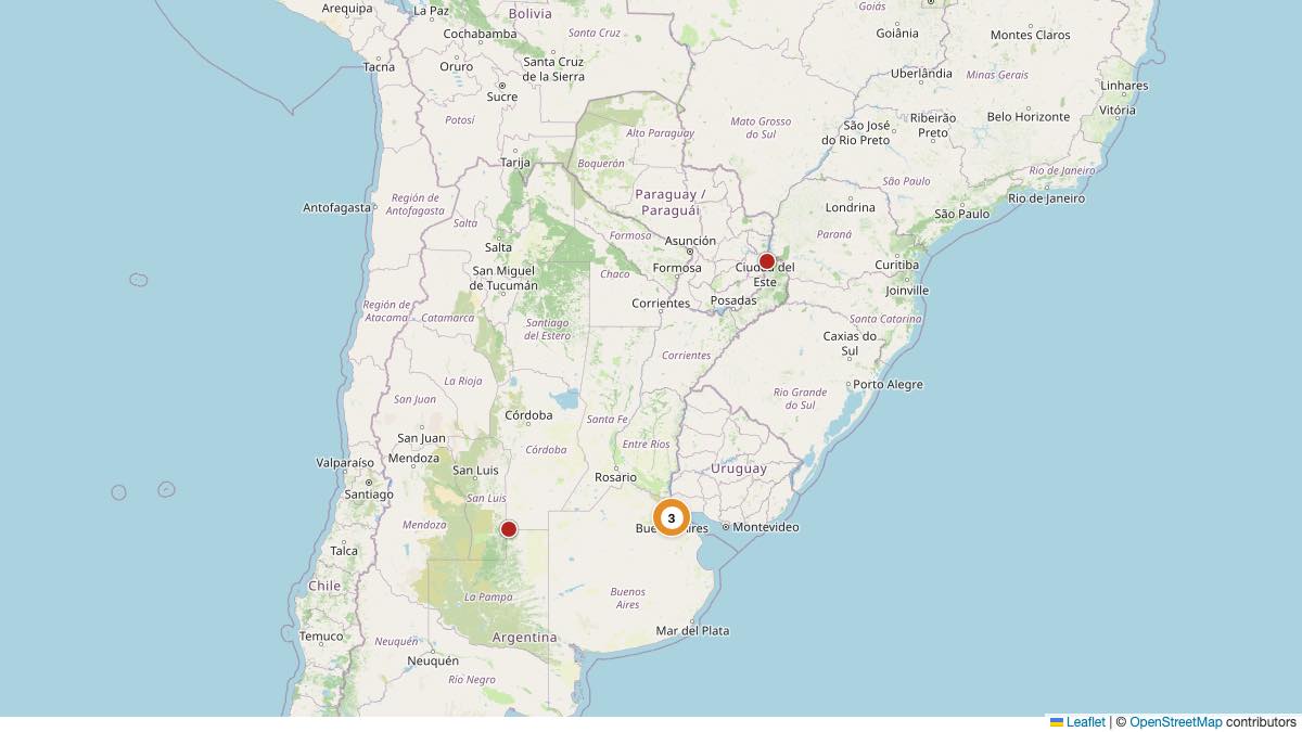Map of the 5 Edit by Chase Travel hotels in Argentina, each pin colored by nightly price tier