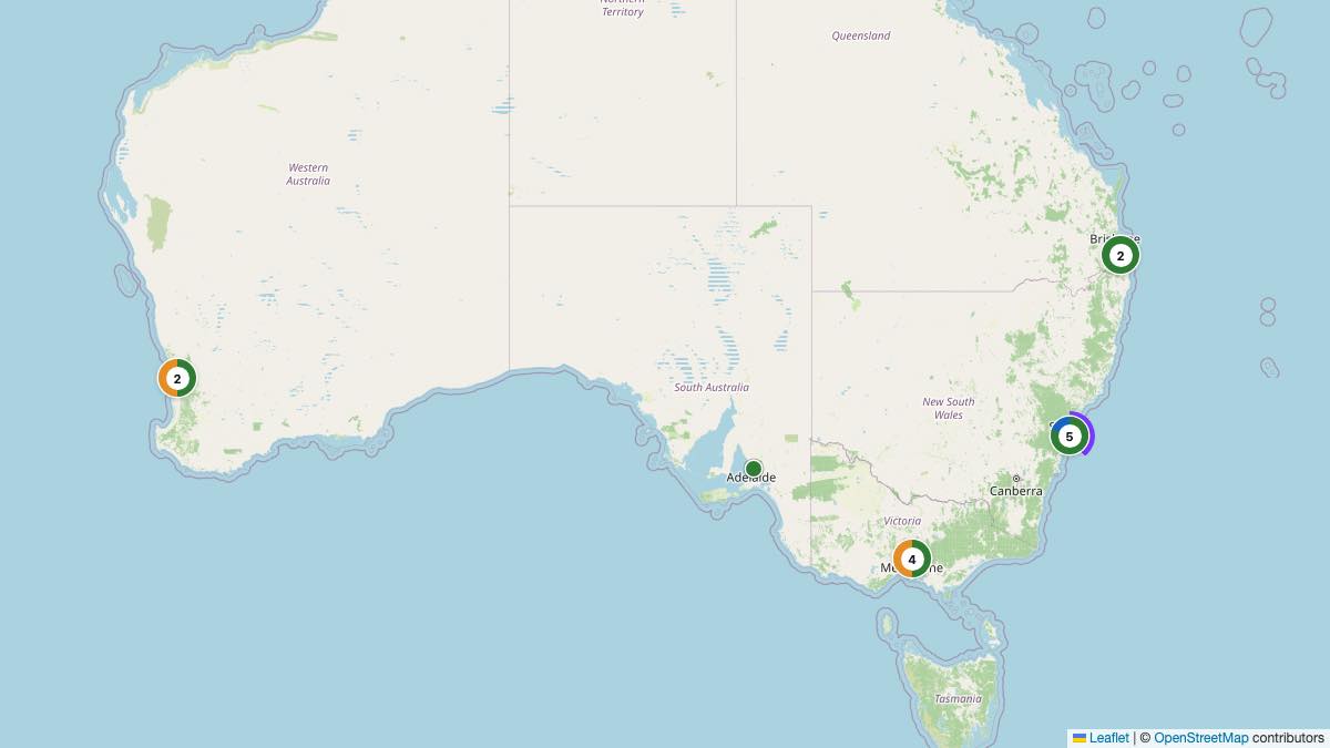 Map of the 15 Edit by Chase Travel hotels in Australia, each pin colored by nightly price tier
