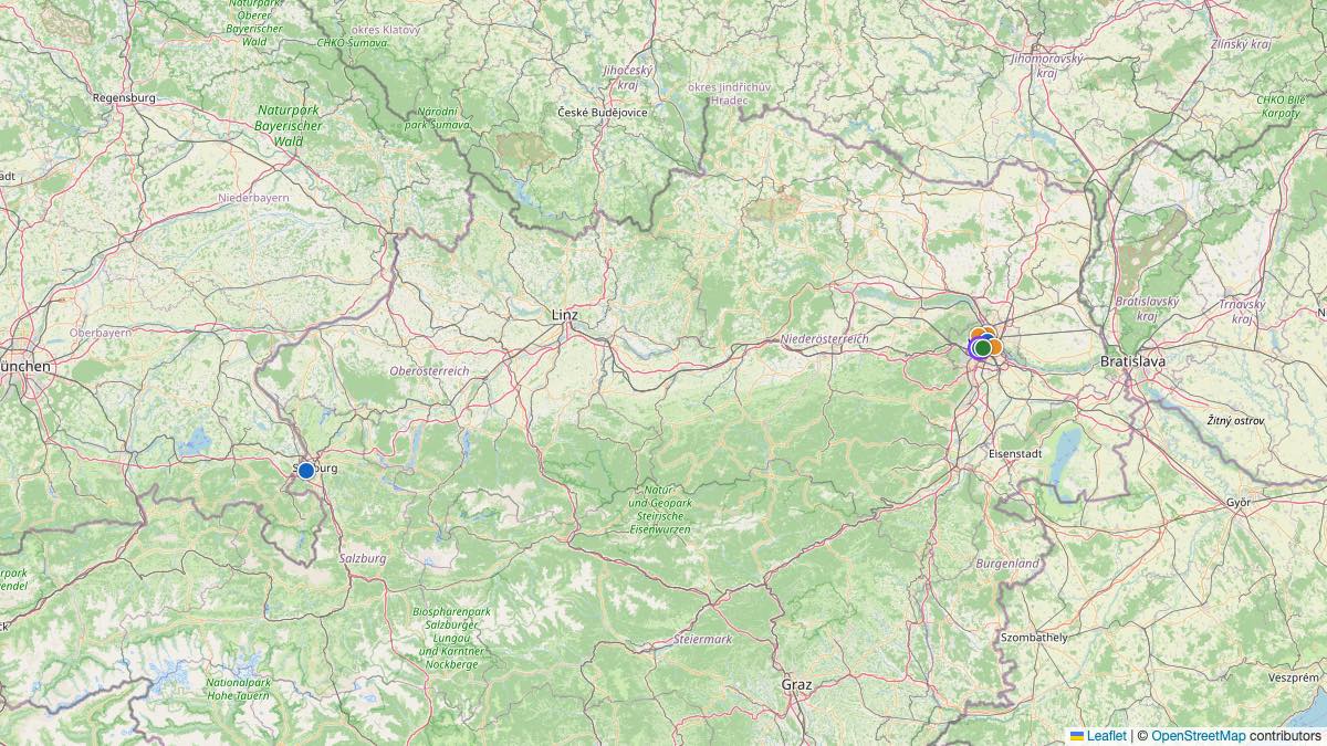 Map of the 8 Edit by Chase Travel hotels in Austria, each pin colored by nightly price tier
