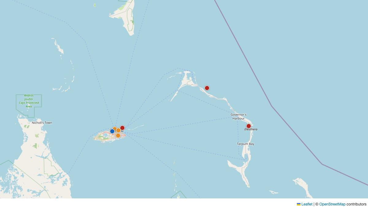 Map of the 7 Edit by Chase Travel hotels in Bahamas, each pin colored by nightly price tier