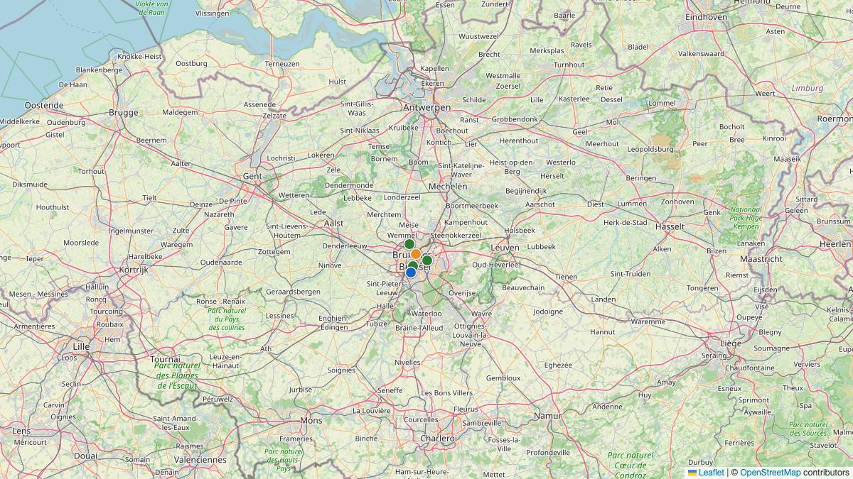 Map of the 5 Edit by Chase Travel hotels in Belgium, each pin colored by nightly price tier