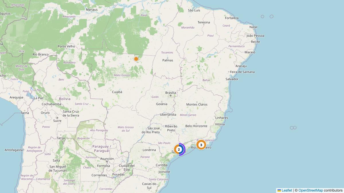Map of the 6 Edit by Chase Travel hotels in Brazil, each pin colored by nightly price tier