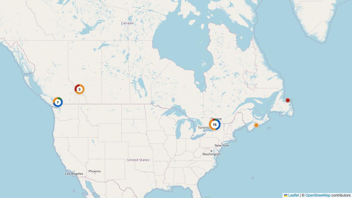 Map of the 27 Edit by Chase Travel hotels in Canada, each pin colored by nightly price tier
