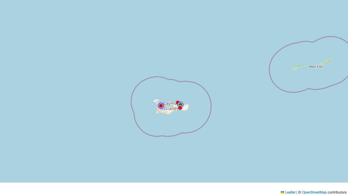 Map of the 4 Edit by Chase Travel hotels in Cayman Islands, each pin colored by nightly price tier