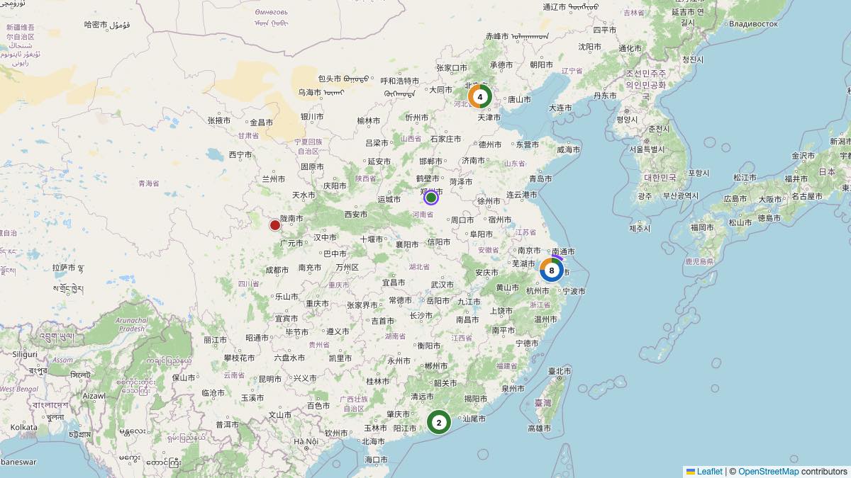 Map of the 16 Edit by Chase Travel hotels in China, each pin colored by nightly price tier