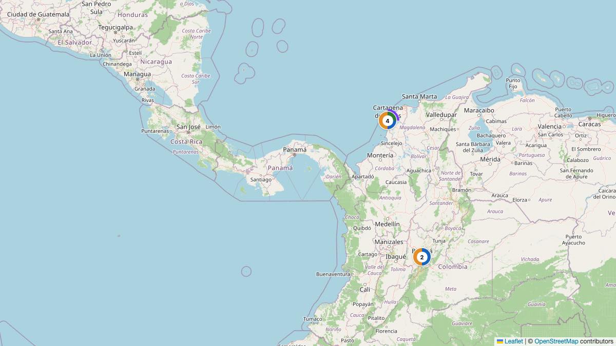 Map of the 6 Edit by Chase Travel hotels in Colombia, each pin colored by nightly price tier