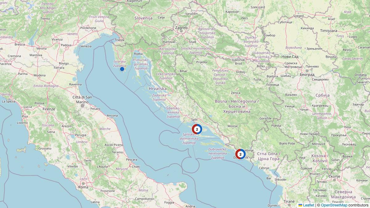Map of the 5 Edit by Chase Travel hotels in Croatia, each pin colored by nightly price tier