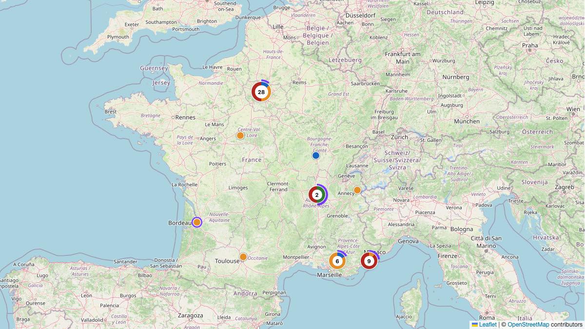 Map of the 52 Edit by Chase Travel hotels in France, each pin colored by nightly price tier