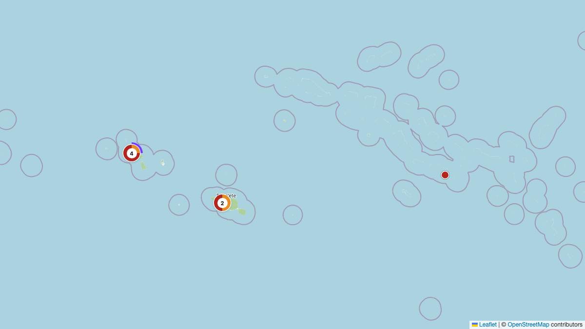 Map of the 7 Edit by Chase Travel hotels in French Polynesia, each pin colored by nightly price tier