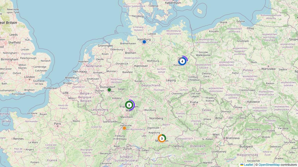 Map of the 12 Edit by Chase Travel hotels in Germany, each pin colored by nightly price tier
